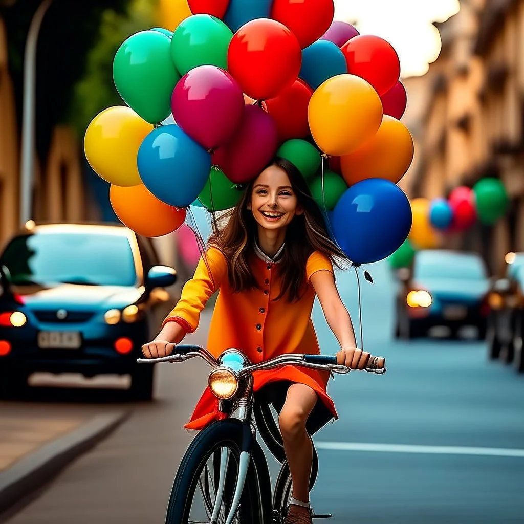 Girl riding a bike holding a bunch of colorful balloons