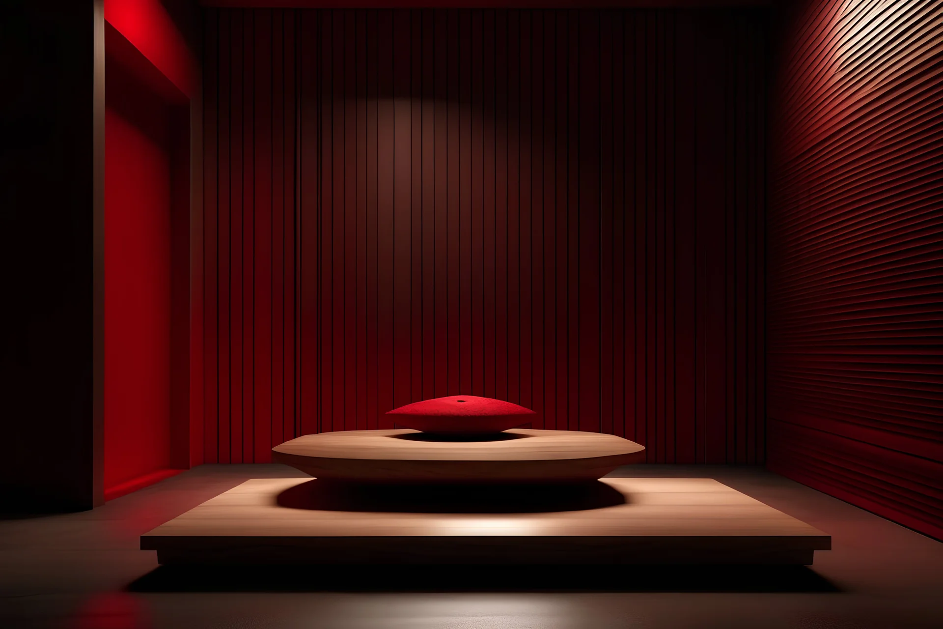 meditation rood podium , meditation minimalistic corner. design wood, gloomy light in the meditation room.