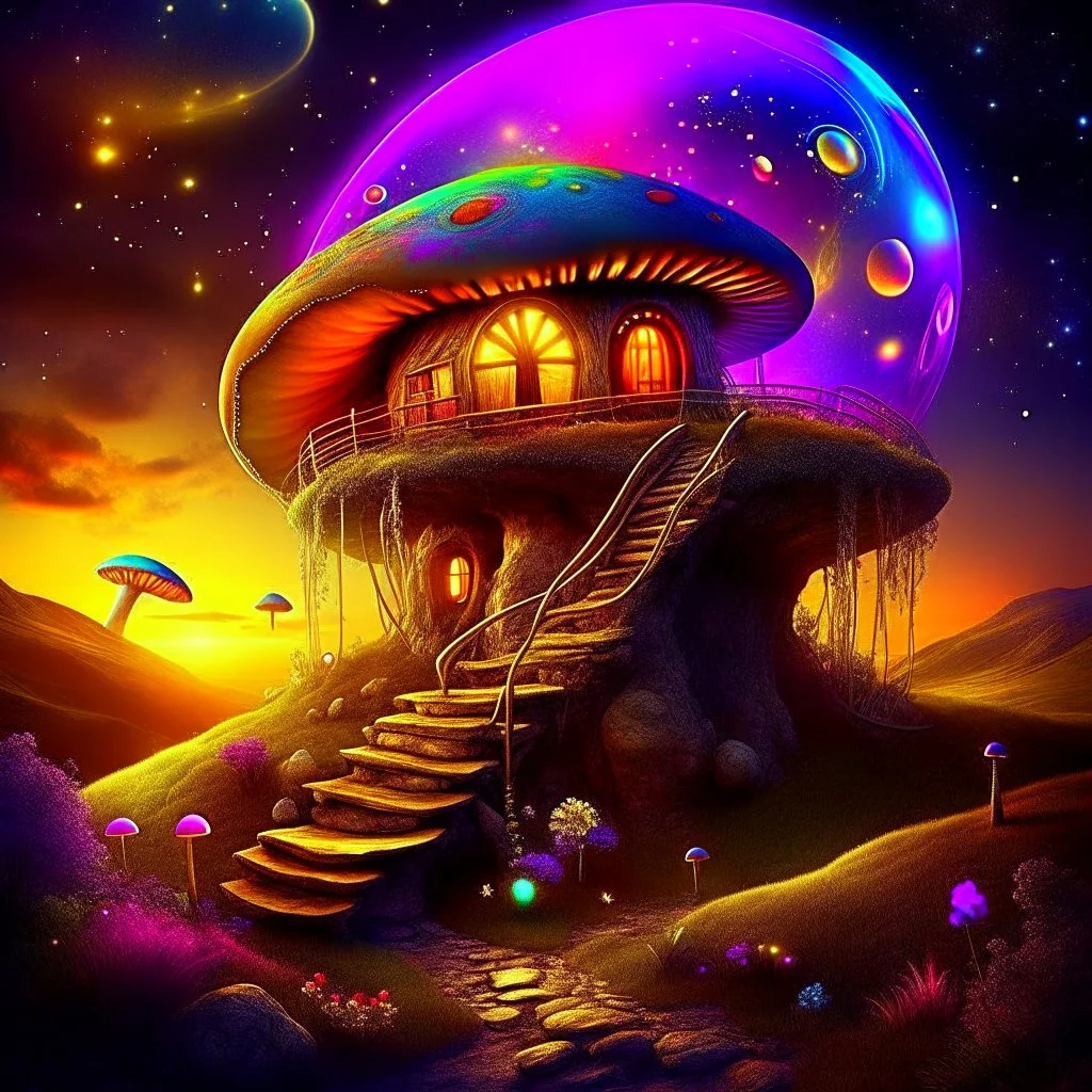 A radtastic amazeballs rainbow glowing, (((mushroom cottage))) erected atop a (grassy cliff), surrounded with imaginative (((spiraling space))), contrasted by the stark hues of a (nebulous space scape), . captured by the hand a skilled master painter with a focus on (softly textured compositions and voluminous lighting).