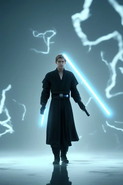 All Black Anakin Skywalker soldier, ghost, wearing high tech mask, white smoke, dark, rage, sorrow, high definition, ultra 8 k, volumetric lighting, blue fire, fog