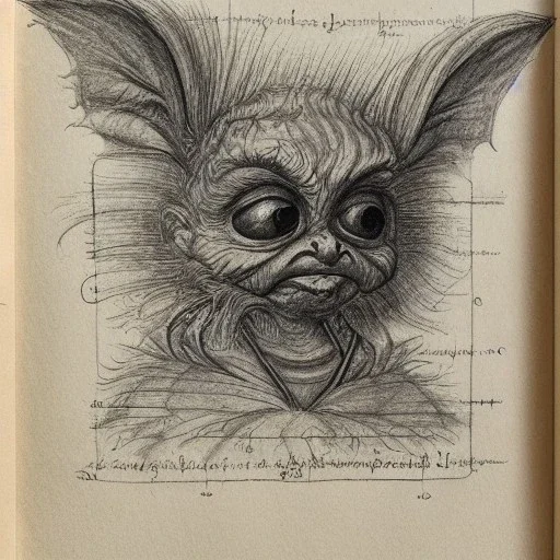 Portrait of a gremlins, drawing by leonard de vinci, old parchment, old paper, very detailed, high quality picture very beautiful very intricate, 8k, hdr