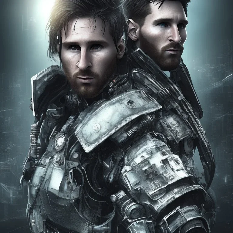 lionel messi perfect face and portrait post-apocalypse perfect cyborgs in a cyberpunk city, sci-fi fantasy style, 8k,dark