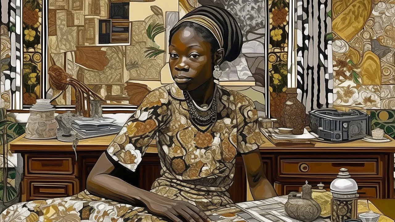 Njideka Akunyili Crosby Sala doméstica híbrida con collage de fotos transferidas, patrones nigerianos y escenas íntimas familiares en tonos ricos y texturas mixtas.