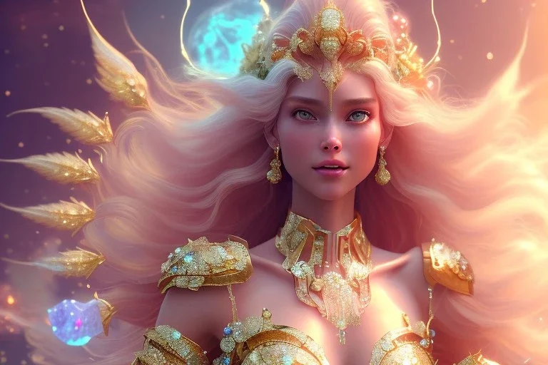 very beautiful crystal and gold goddess in a galactic ambiance, nice smiling, transparent petals, delicate colors, full of details, smooth, bright sunshine，soft light atmosphere, light effect，vaporwave colorful, concept art, smooth, extremely sharp detail, finely tuned detail, ultra high definition, 8 k, unreal engine 5, ultra sharp focus