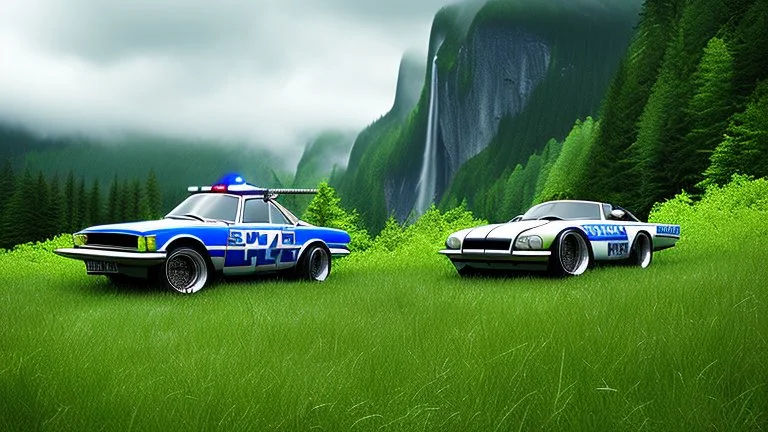 A police Tesla Cybertruck is chasing a Tesla 'Model S Plaid' at top speed, across the 'Jurassic Park' island. CINEMATIC. WIDE ANGLE LENS.