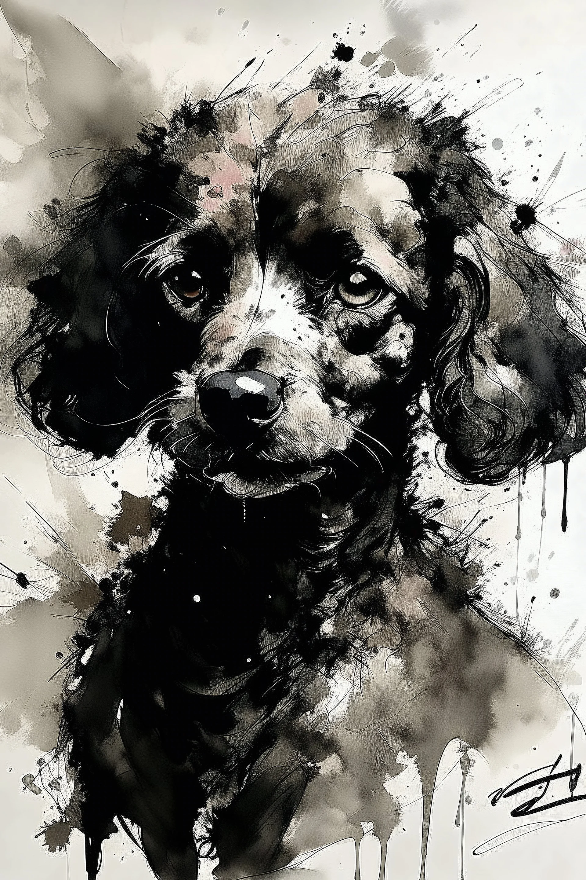 porttait painting by Yoji Shinkawa, Guy Denning, Florian Nicolle of a poodle dog