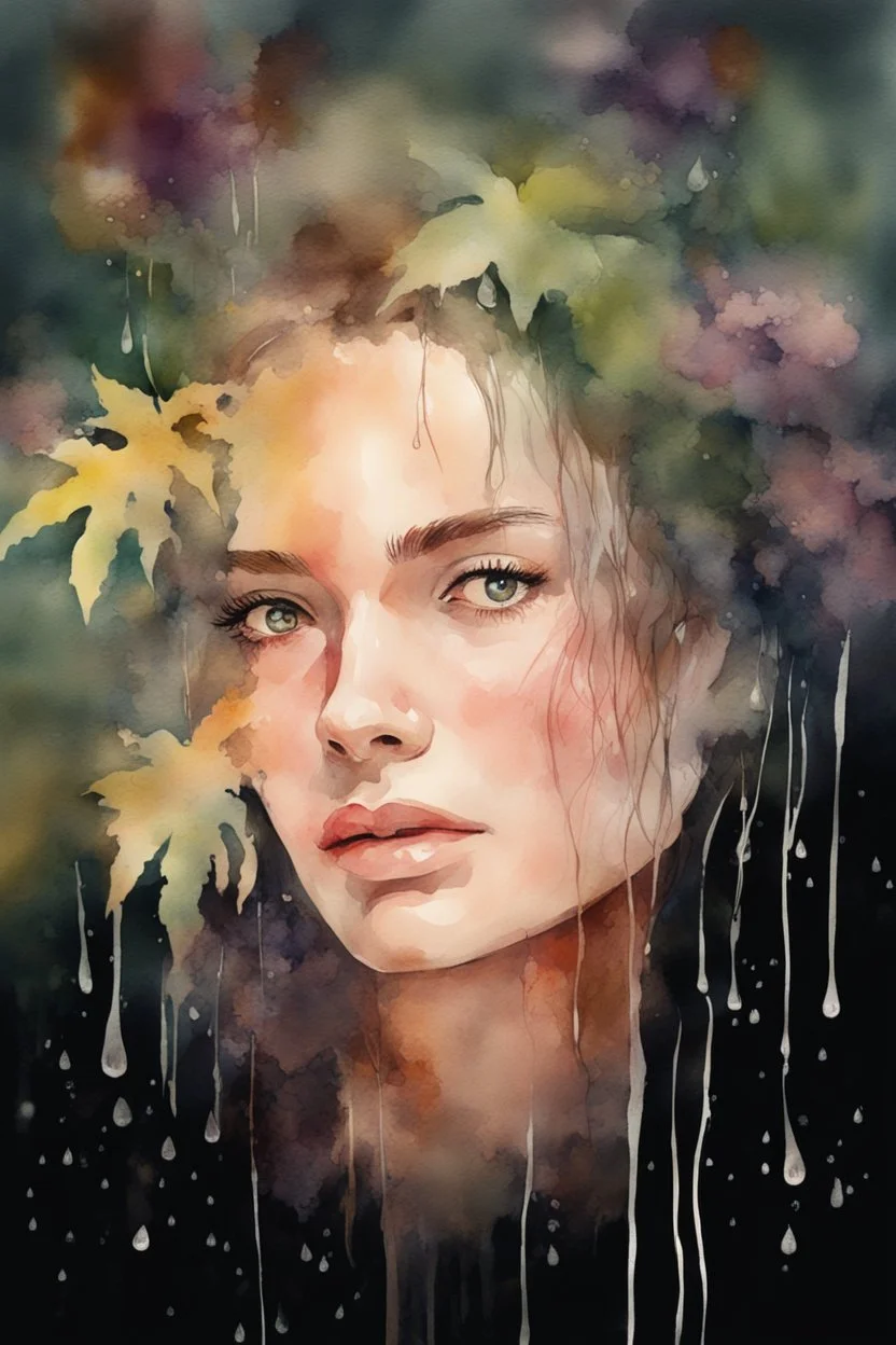 watercolor portrait of a woman, lush hair, rain, flowers, umbrella, autumn, paint blots, splashes, tears, plants