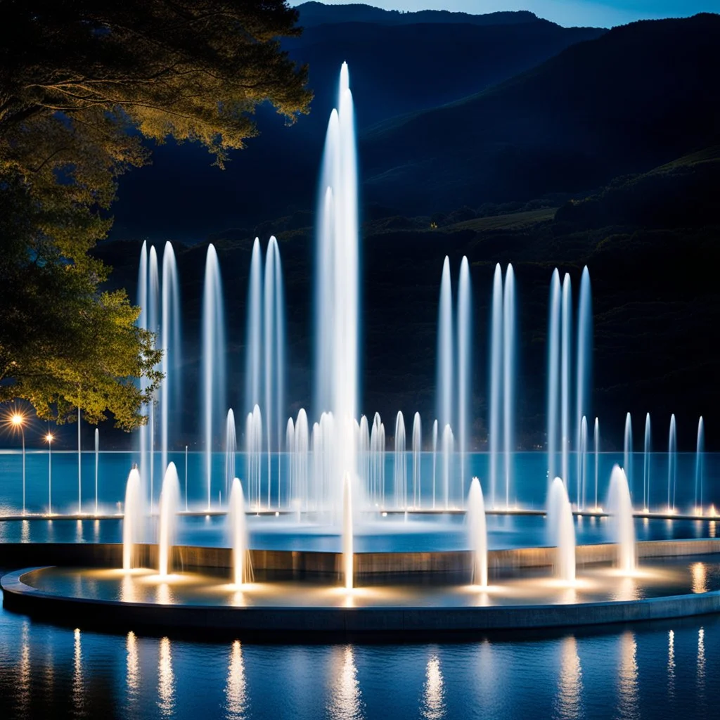 Create a scene where 16 fountains in a small sea shoot water jets in the shape of a love symbol, creating beautiful splashes in the water.