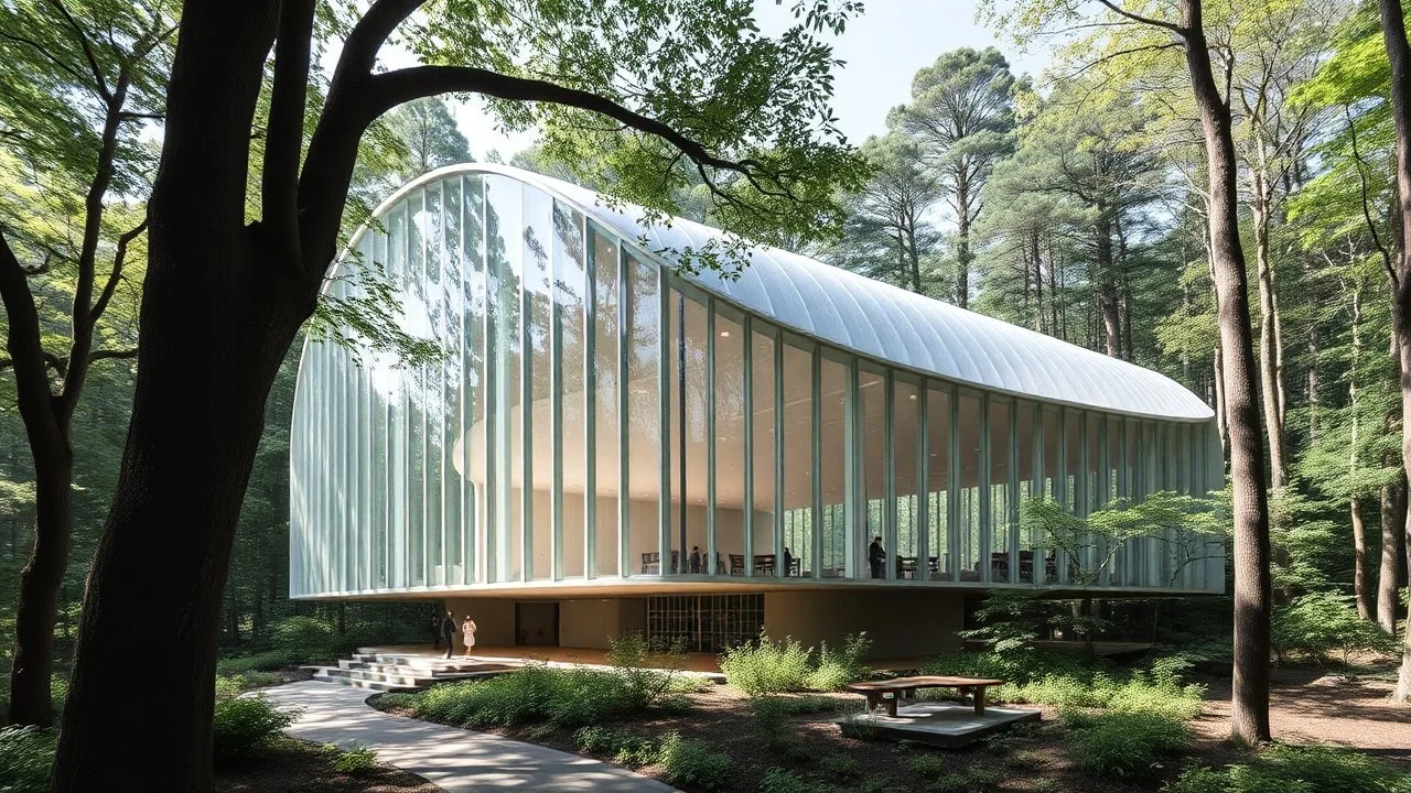 A cultural center inspired by the works of Kazuyo Sejima, nestled in a dense forest. The building features large, curved glass panels and a series of interconnected spaces that open directly to nature. The design prioritizes lightness and transparency, creating a fluid interaction between the natural and built environment.