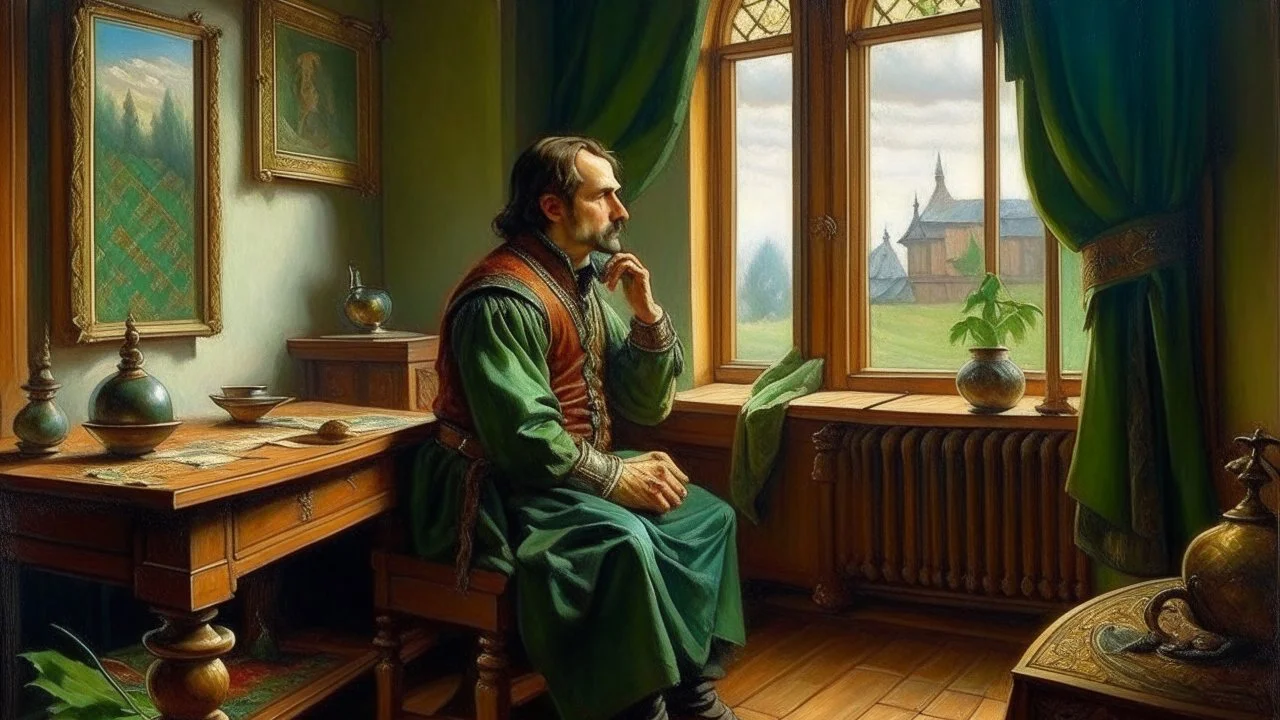 An Andalusian commander in the year 1455 thinking in his room in front of the window