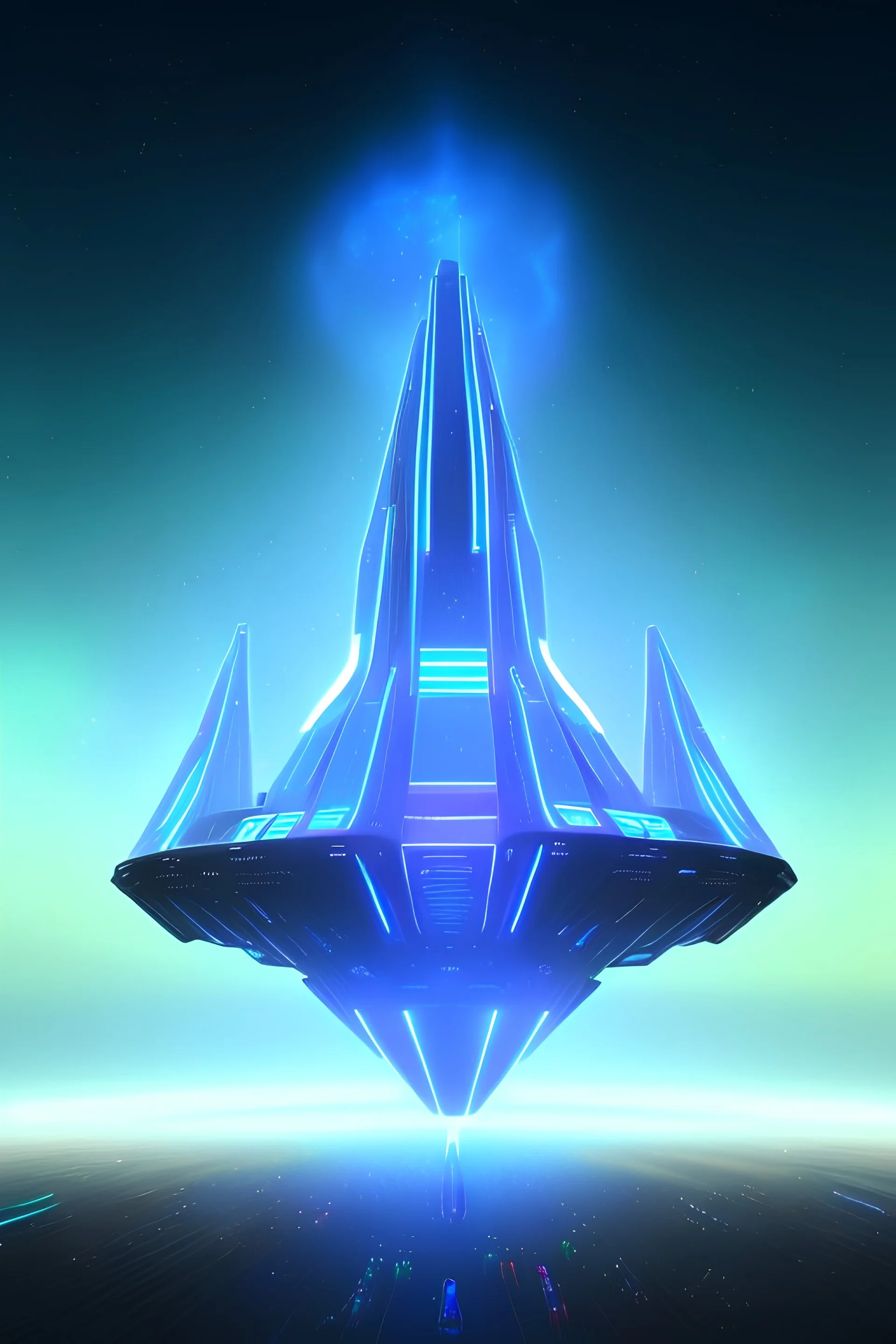 A futuristic mothership in the sky, a giant spaceship, neon turquoise lights bright and metallic blue good effect light, a large transparent view of the open outdoor stars and universe, crystals, the light of the sun, realist details, definition 8k, HD