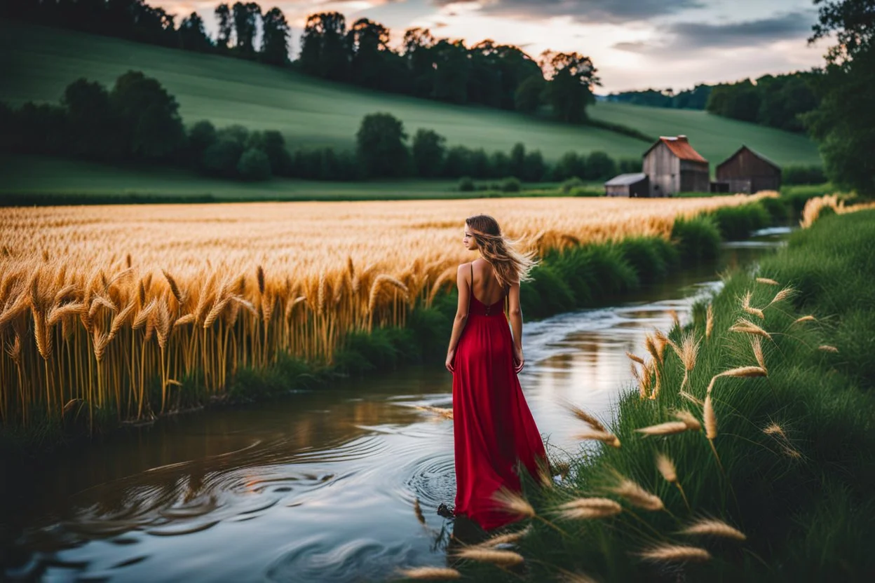 wide angle shot of golden wheat field next to river ,a watermill on river, a beautiful girl in pretty long dress walking in