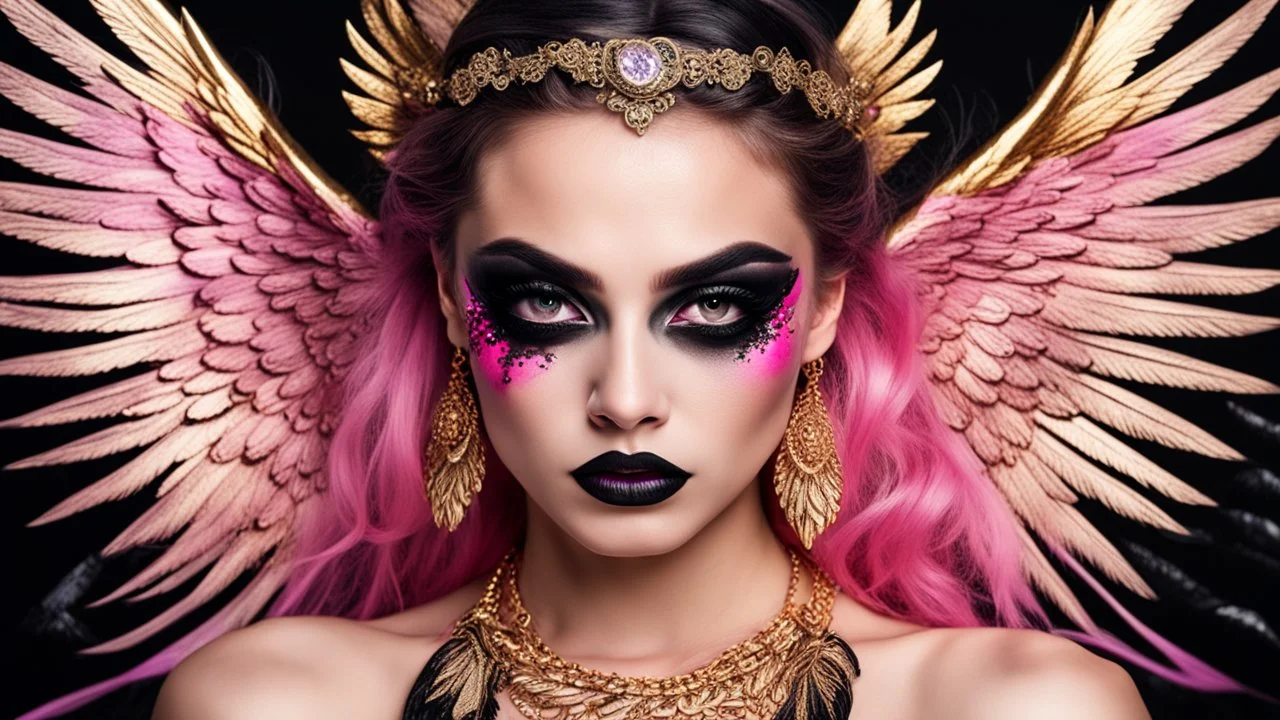 super pretty woman, close up face, pink big eyes, black scrached make-up, black lips, intense look, bad mode, golden necklace, black dress, black angel wings, beautiful artwork, vibrant colors, 4k, high quality, high detailed, whiteness background.