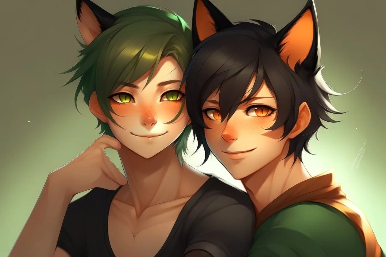 A young adult male with messy black hair, gold eyes, black cat ears, realistic, slight smile hugging a young adult female with short red hair, dark green eyes, large orange fox ears on top of her head, slight smile, pale skin, realistic