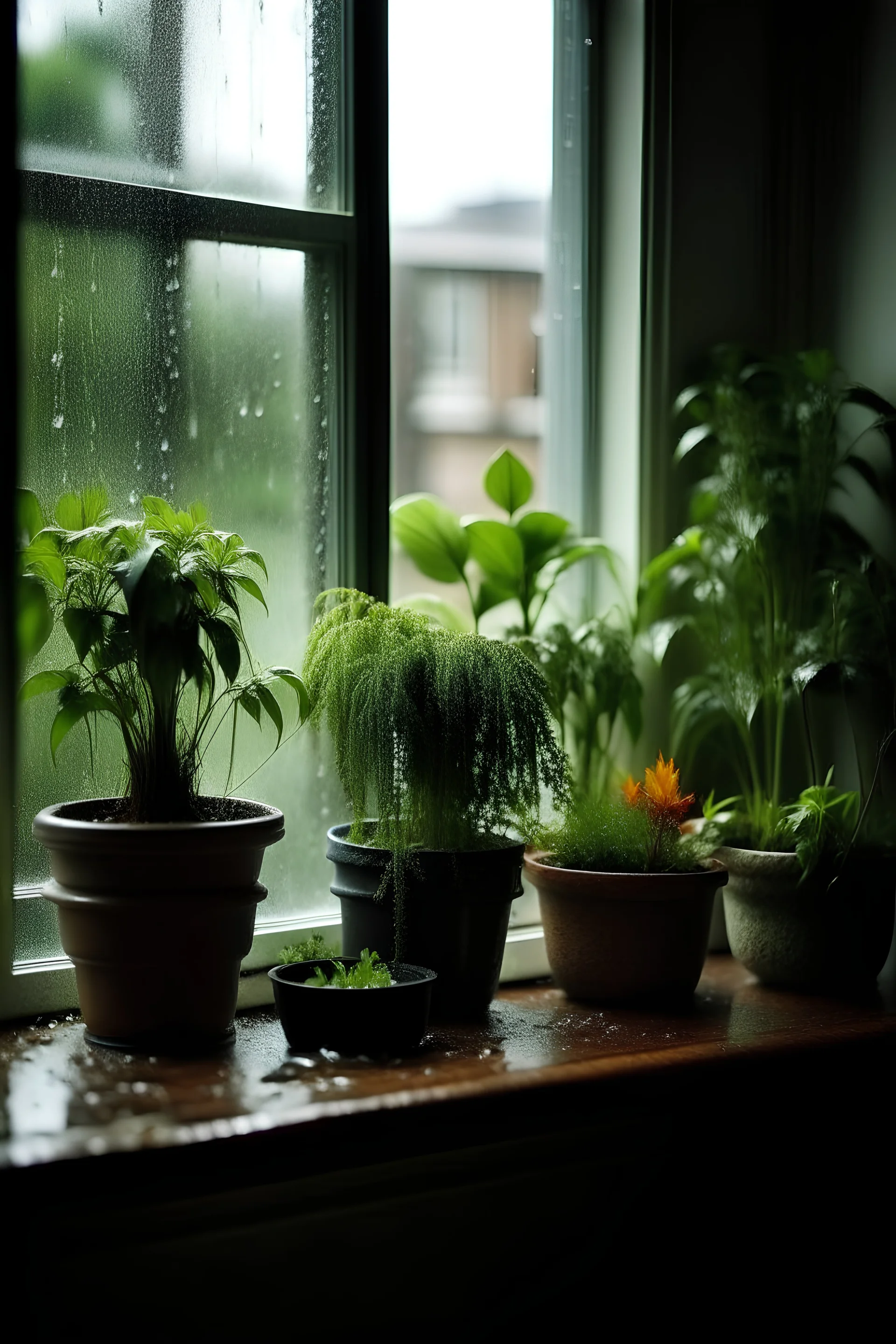 хищные растения на подоконнике в дождливый день