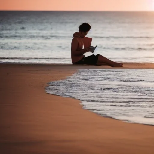 A person reading a book at beach just before sunset