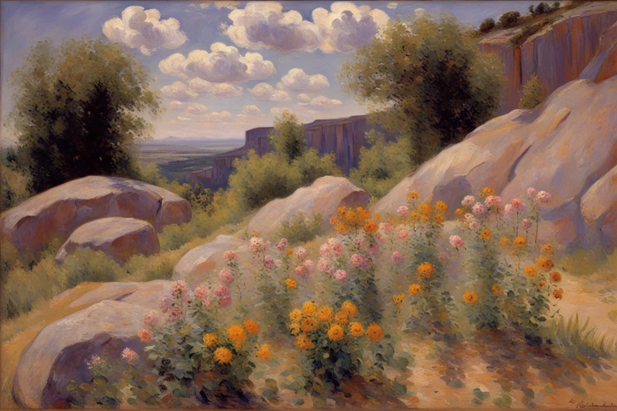 sunny day, clouds, rocks, trees, mountains, flowers, gustave caillebotte and pieter franciscus dierckx impressionism paintings