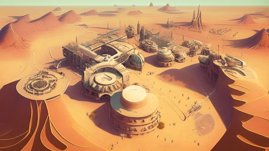 desert city from above, wind generators, retro futuristic, comic style