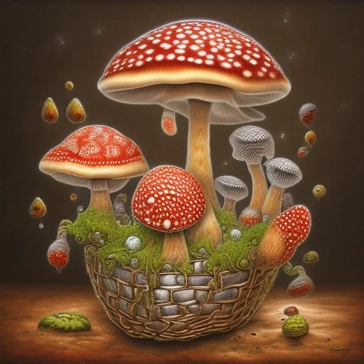 large Amanita muscaria mushrooms in a silver basket , Patchwork art