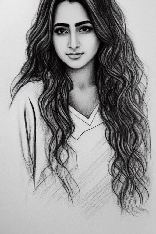 Pencil sketch of Young woman , nurse , Arab features,sad, long wavy hair, full body، on lined paper