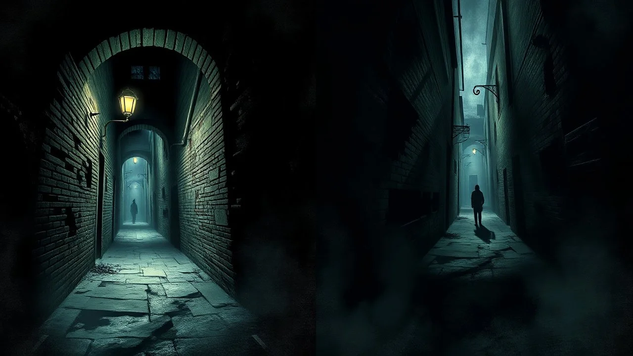 The Diptych of a daunting alley captures the eerie atmosphere of a narrow passageway, shrouded in shadows and mystery. The first panel reveals the foreboding entrance, with crumbling brick walls and flickering streetlights. In the second panel, the alley stretches on into the darkness, with a lone figure disappearing into the unknown. The viewer is left with a sense of unease, wondering what secrets lie hidden in the depths of this ominous alleyway.