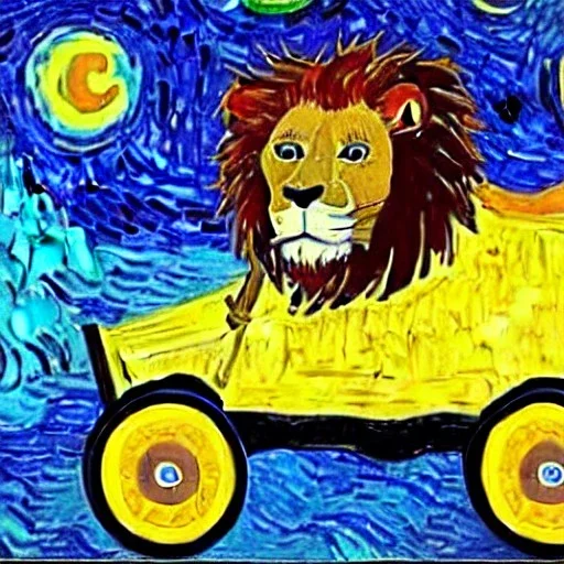 lion driving racecar, in van gogh style