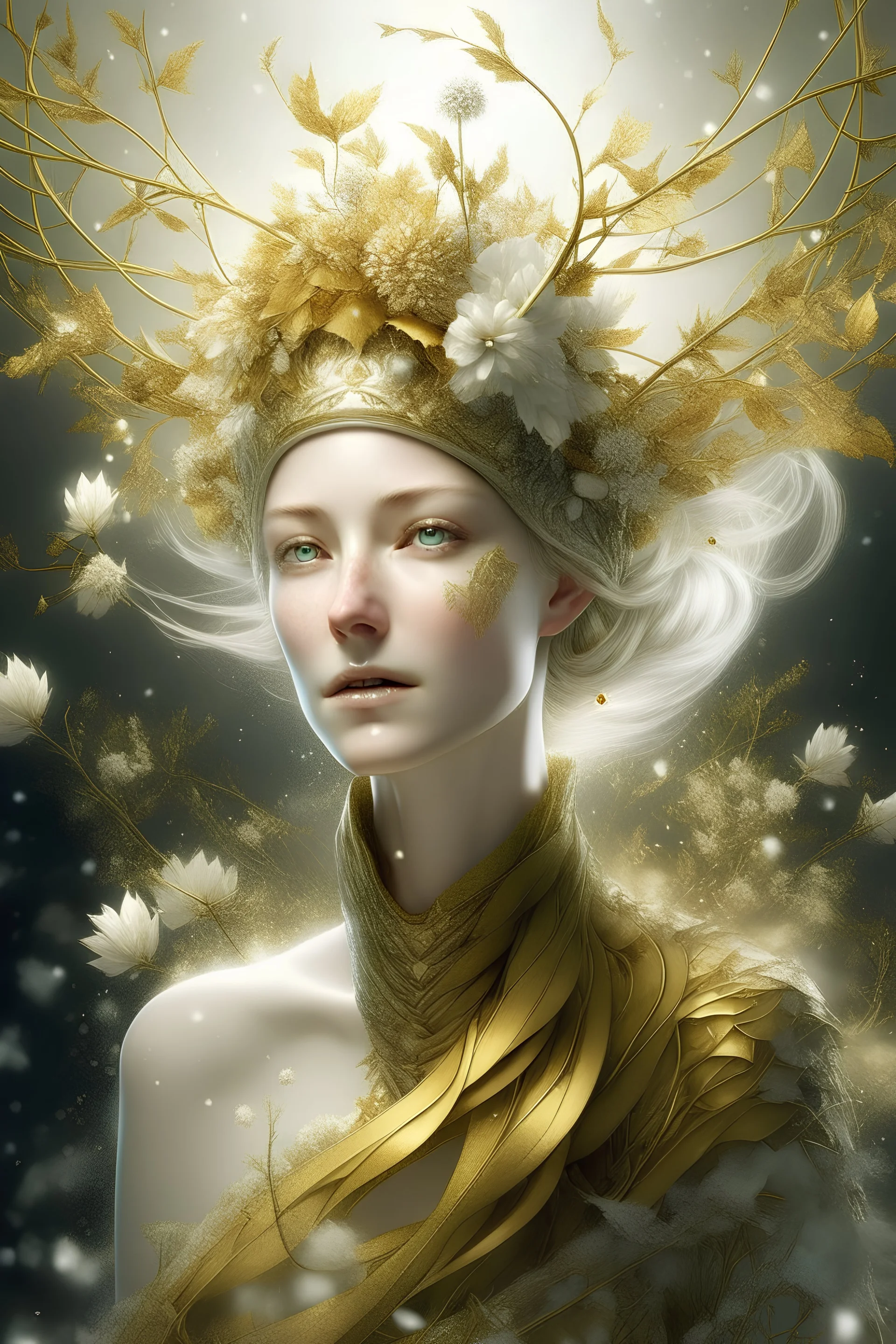 Beautiful gold and. Light, gradient gold Leaves winter queen portrait, adorned with textured snow flakes, snowy greem mistletoe and pine leaves rococo style headdress wearing organic bio spinal ribbed detail of bioluminescence botanical rococo style costume, white camelia floral baclground, Golden dust and snowflake extremely detailed, textured hyperrealistic maximálist concept art