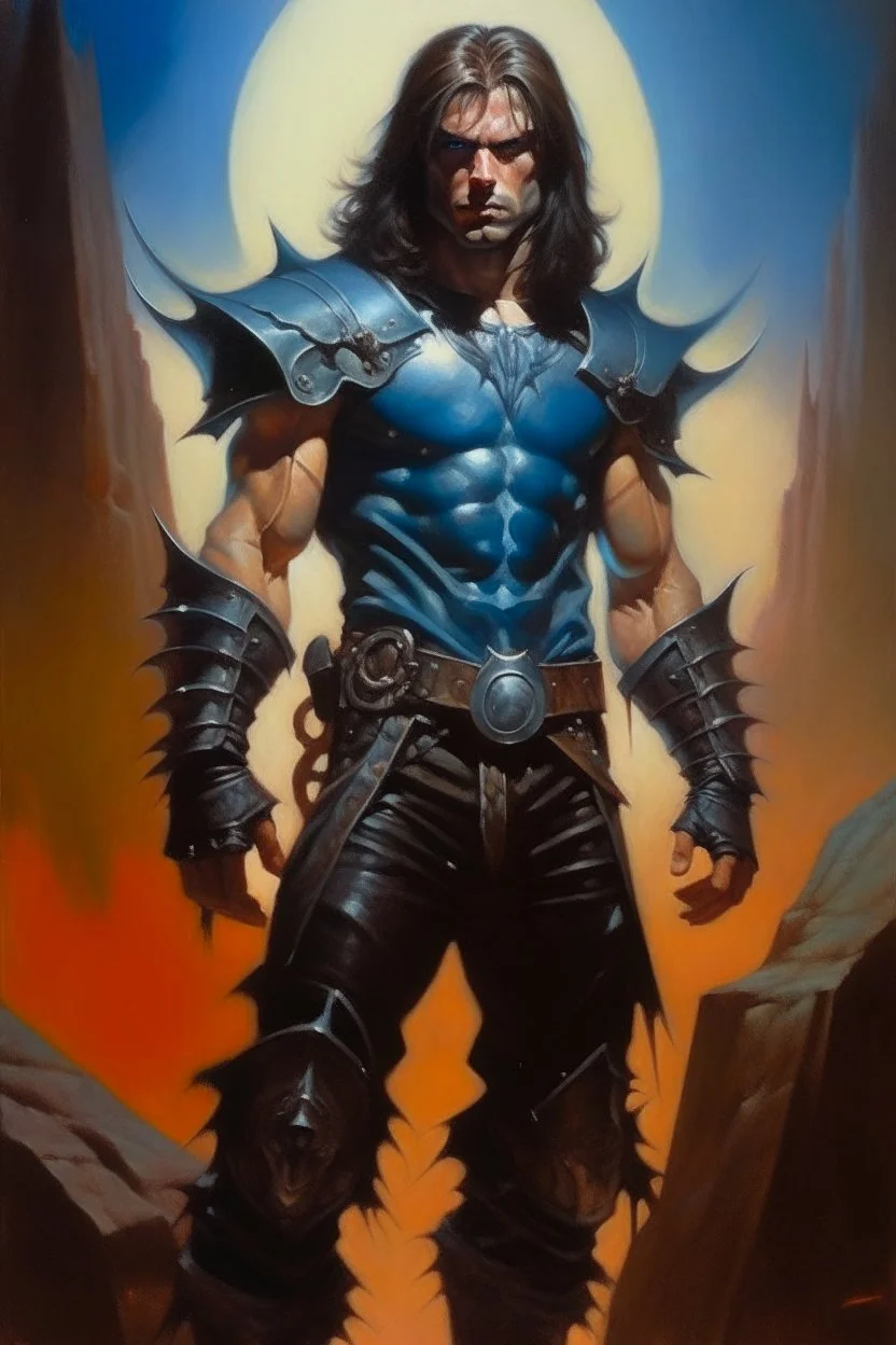 1970's dark fantasy cover dnd style oil painting of a heavy metal hero with sport outfits with minimalist far perspective. Magazine.