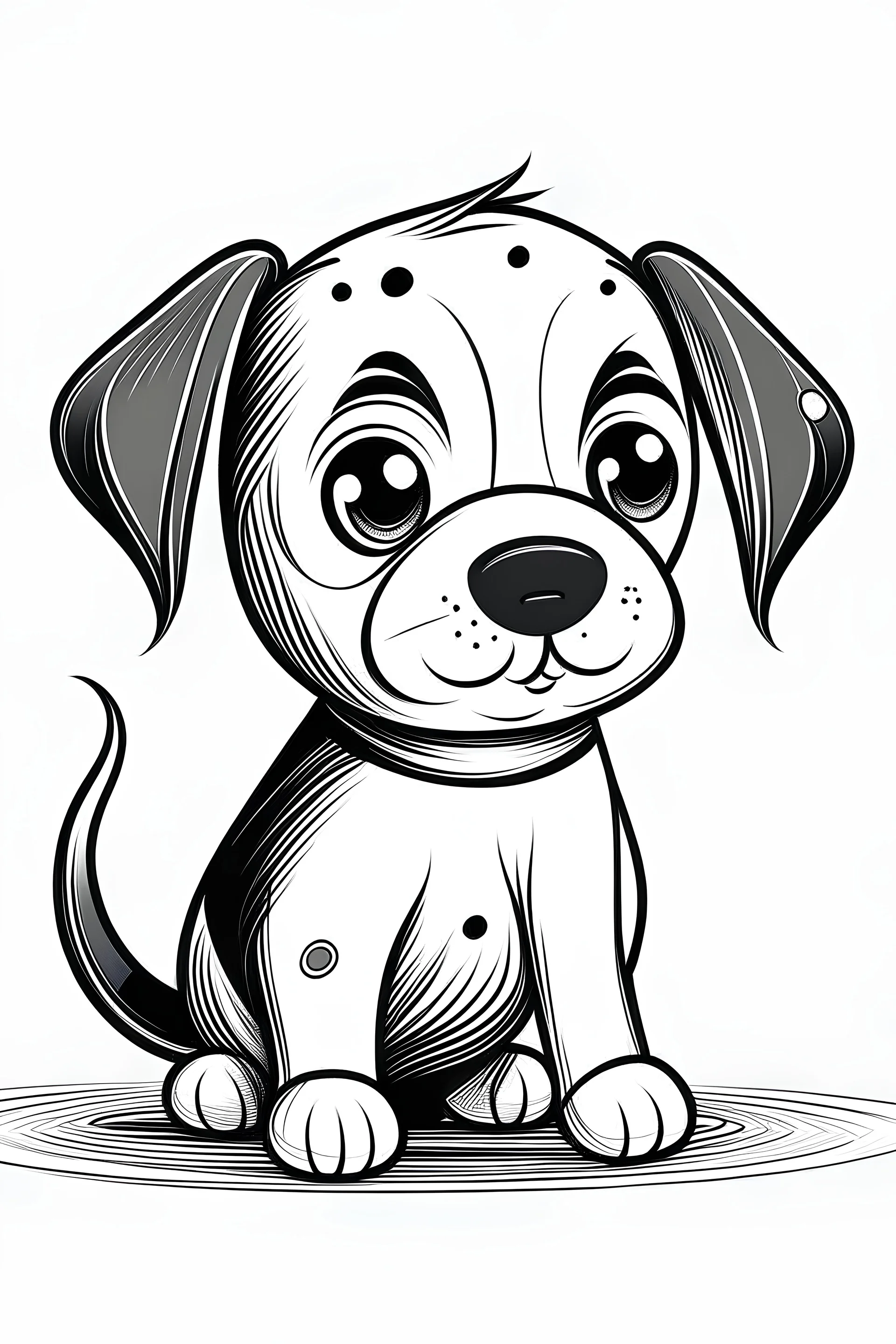 The illustration should be in [SUPER SIMPLE], black and white, bold line art with a clear, mostly empty background. [INCLUDES ONLY OUTLINES WITH NO FILLED IN BLACK AREAS], ensuring no shading, no complex images, and making it very easy to color in between the lines.Cute Animal: Puppy