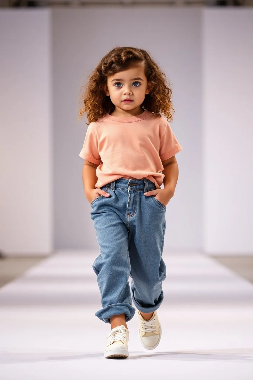 2 years old beautiful baby blue eyes girl fashion model in loose pants and loose top with curvy wavy hair ,cat walks in runway,catwalk and pose at end with cute