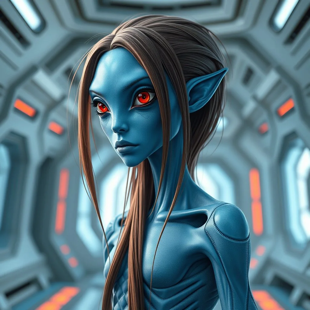 An androgynous blue humanoid alien with long brown hair and red eyes, intricately detailed, standing in a futuristic room