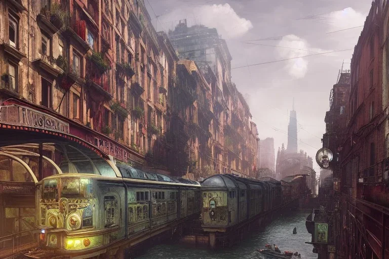 Corner Elevated Train run raid Train Canal River and corner shop greengrocer in colorful Italian street+Gothic city+BioShock+Dishonored+Bloodborne +trieste+Edinburgh+Chicago+victorian London+decòpunk Skyscraper+ +steampunk+biopunk+alphonse mucha, greg rutkowski,matte painting, cryengine, hyper detailed, felix kelly, fantasy art, seb mckinnon