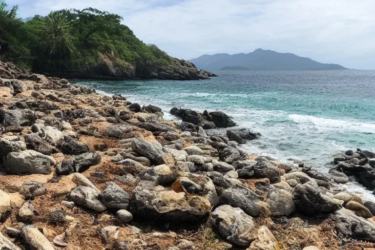 A rocky beach with a lot of lizards on the rocks