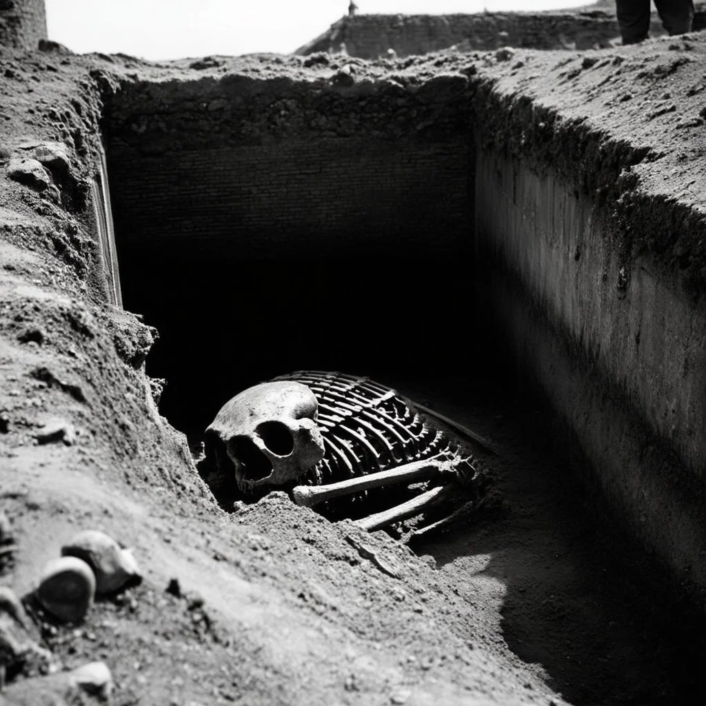 Footage appears as if captured with an ancient 19th-century camera, complete with flickering exposure, uneven frame rate, and grainy, black-and-white texture. The scene shows a dusty archaeological site where Victorian-era explorers have uncovered a fossilized skeleton of a giant humanoid. A dusty 19th-century archaeological excavation site in England, where Victorian-era explorers have uncovered the fossilized skeleton of a giant humanoid. The partially unearthed bones lie in a large trench