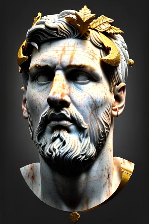 Ultra Realistic image, Roman sculpture, clean white marble material, Lionel Messi, gold Laurel leaves wreath, renaissance ornaments, one gold star, sun ornament, sun rays background, chisel style, waist up portrait, emperor style, epic, celestial, cinematic lighting, God light, god rays, 4k resolution, smooth details, ornate details, soft lighting, unreal engine 5, art station, substance 3d.