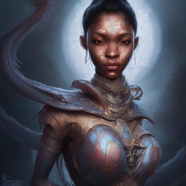 sango fantasy, fantasy magic, intricate, sharp focus, illustration, highly detailed, digital painting, concept art, matte, artgerm and paul lewin and kehinde wiley, masterpiece sexy lips Asian afro lips black African lady body Asian Dragon head silver bright rain lady outer space pretty skull head