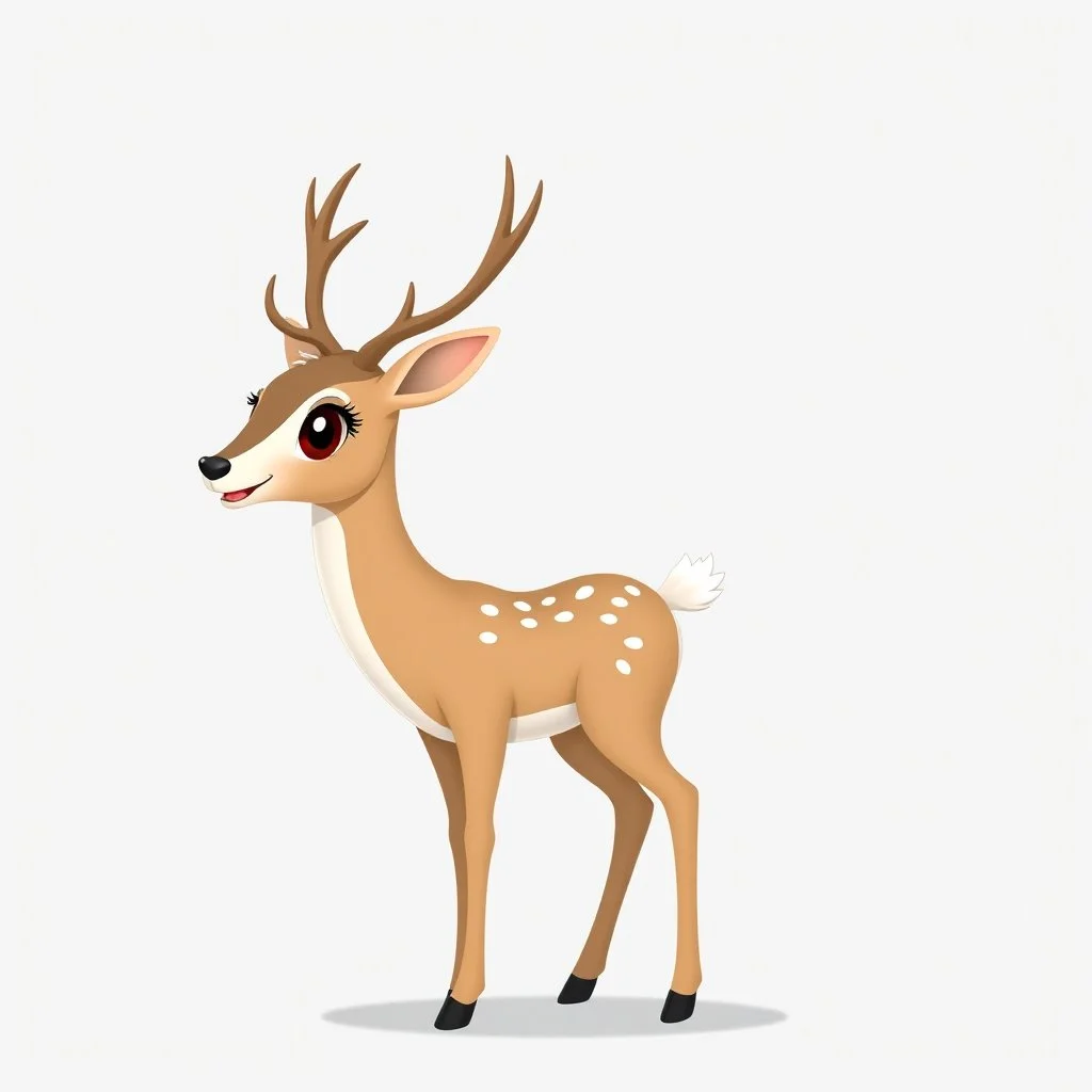 full body of a bald white tail deer with antlers, standing with big smile facing the left and big eyes looking to the left , on flat background, in the style of 'My Little Pony'