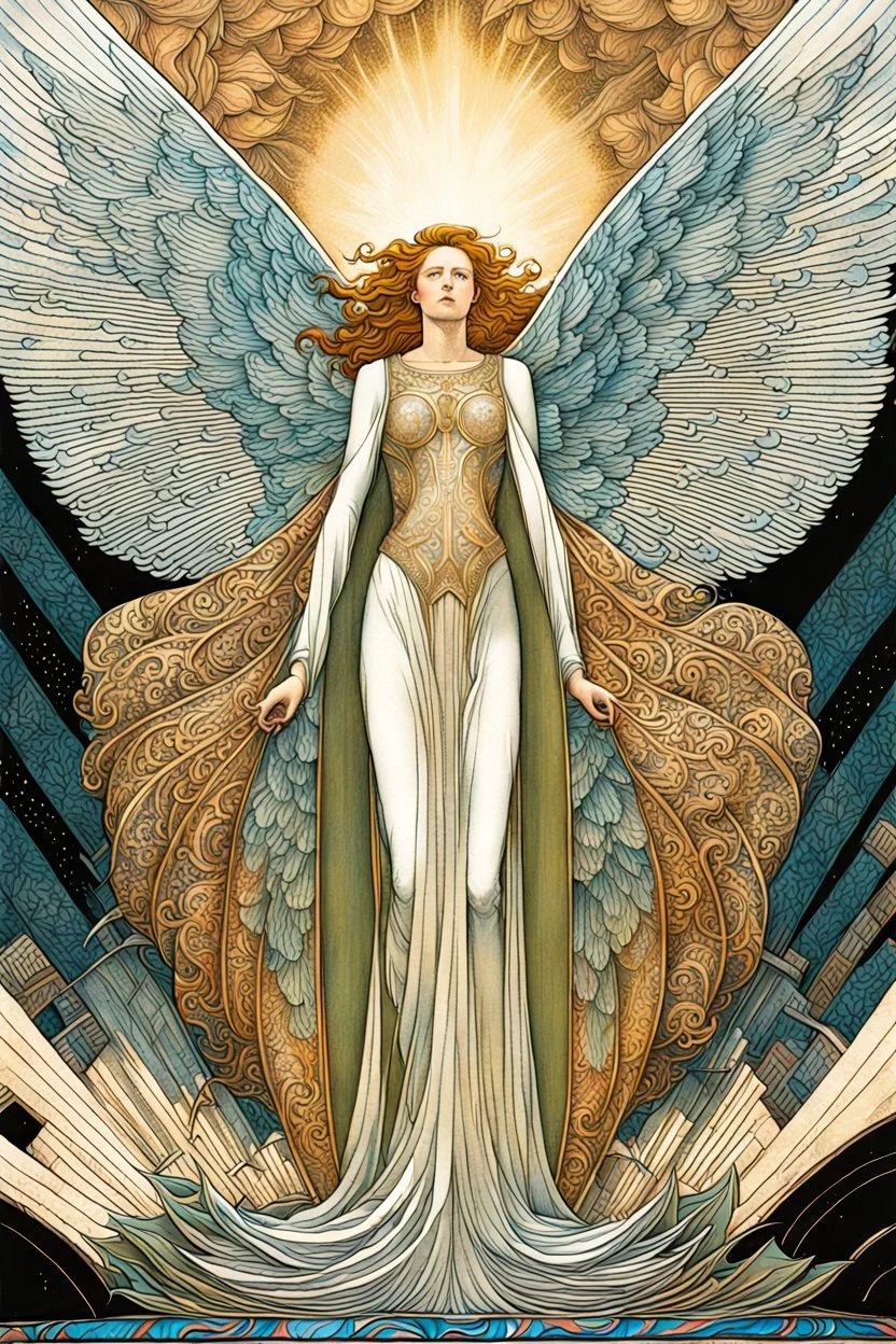 create a deeply evocative, ethereal, darkly magical engraved illustration of an epic destroying angel with highly detailed and deeply cut facial features, large outstretched wings, body covered in feathers, in the style of EDWARD BURNE-JONES, WILLIAM MORRIS, and KATHE KOLLWITZ combined with the comic art style of BILL SIENKIEWICZ and JEAN GIRAUD MOEBIUS, searing lines and forceful strokes, precisely drawn, inked, and darkly colored