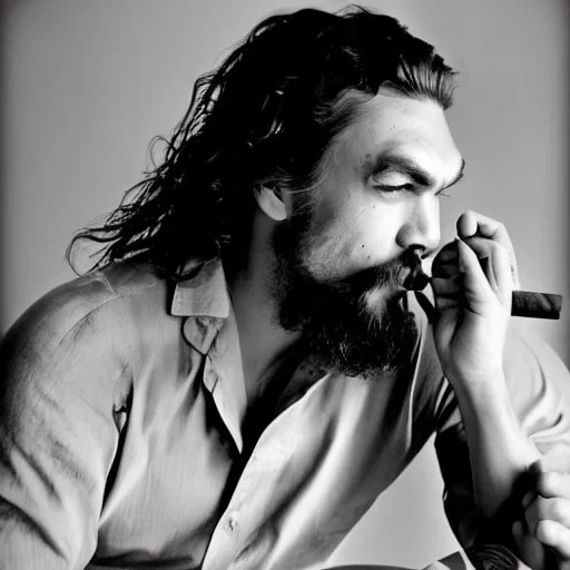 Jason Momoa smoking a cigar in 1955, dramatic light, high detail, cinematic