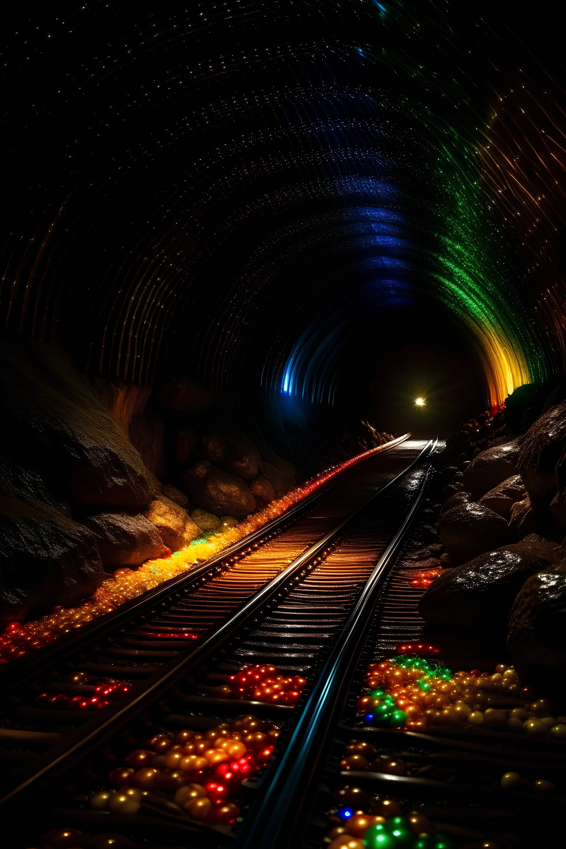 dream world, vast enormous warm underground railway tunnel, tiny multicoloured gemstones, twinkling lights, calm beauty, fantasy world, magic, night, darkness, splendor, uplifting, inspiring, therapeutic, chiaroscuro, color, award-winning colour photograph, beautiful composition, Nikon 85mm