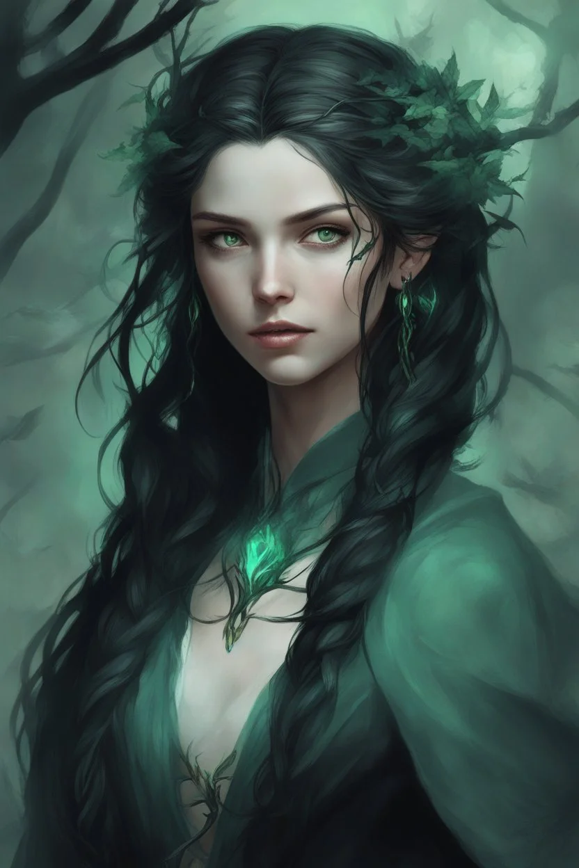 Young beautiful female Hexblood Warlock, long dark brown-black hair styled in elegant half-braids, glowing pale emerald-green eyes, delicate facial features. Thin twisted black thorn-like branches grow naturally from one side of her head, weaving seamlessly through her hair like an eerie crown, with tiny dark leaves and vine-like roots blending into her scalp. Faint dark vine markings trail along her neck and collarbone. Dark fantasy, realistic, cinematic, highly detailed.