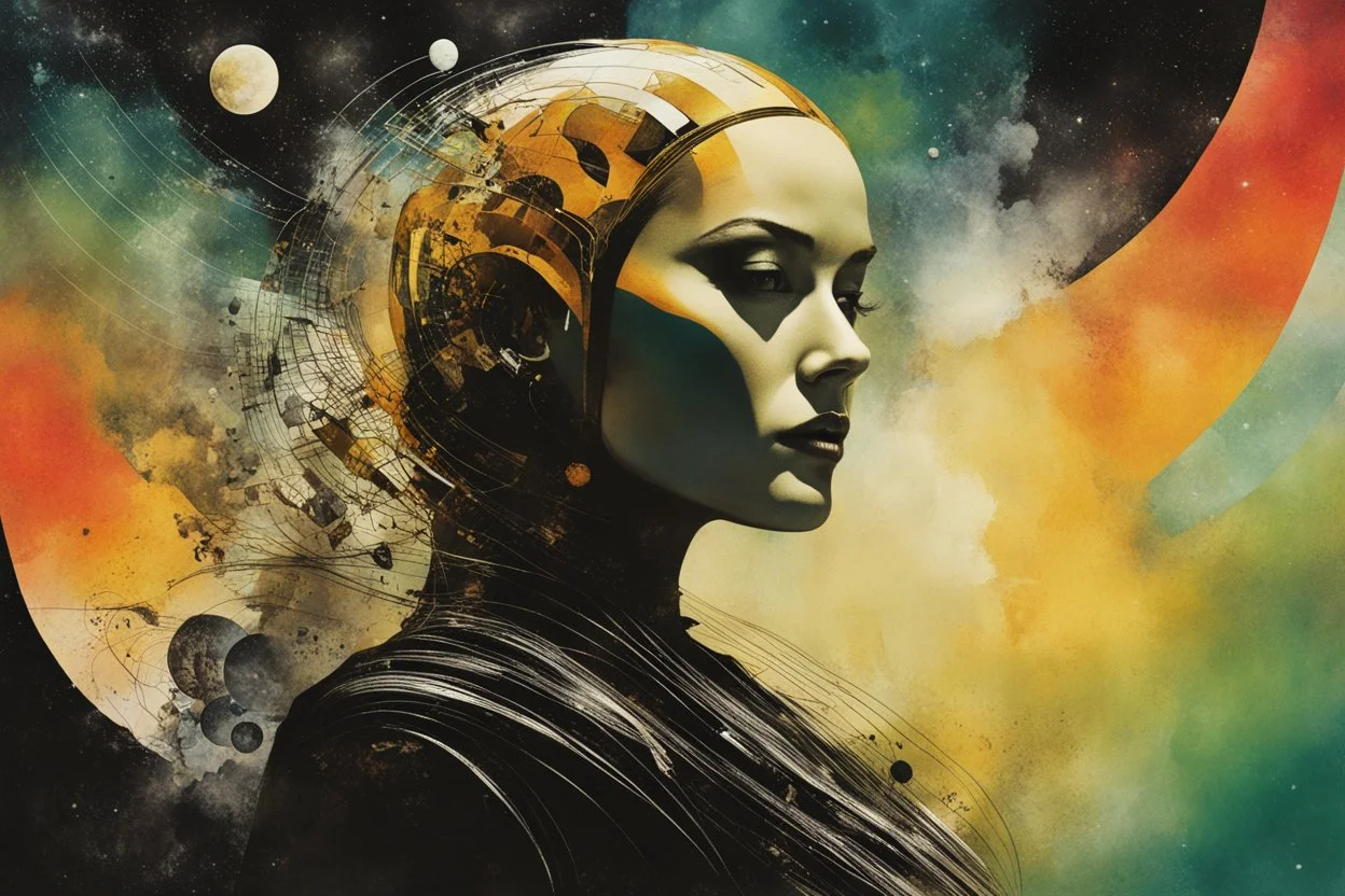 she eclipsed all others that had come before, her perfection, a terrifying spectacle , neo surrealism, retro futurism, striking, atmospheric, dreamlike, in the graphic novel style of Dave McKean, stylish, vibrant colors, asymmetric, disjointed, non linear, photographic collage, watercolor underpainting, cinegraphic realism 4k