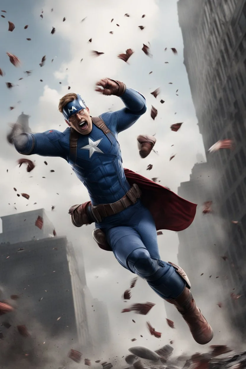 Create a picture of captain america falling from the skye