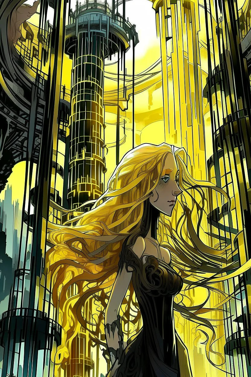 bizarre surreal arafed art, (((heavily stylized Rapunzel))) inside an urban vector tower made of glass columns and dark perpendiculars, (((no facial details))), black revert facial silhouette, demonic yellow slit eyes, fuzzy interlocking untamed hair, long glowing blonde hair like a golden waterfall sweeping into a massive vertical pillar, deconstruct aesthetic, spindle shock, elegant Art Nouveau features with Klimt gold leaf textures, warm yellow orange beige and amber light reflections, abstra