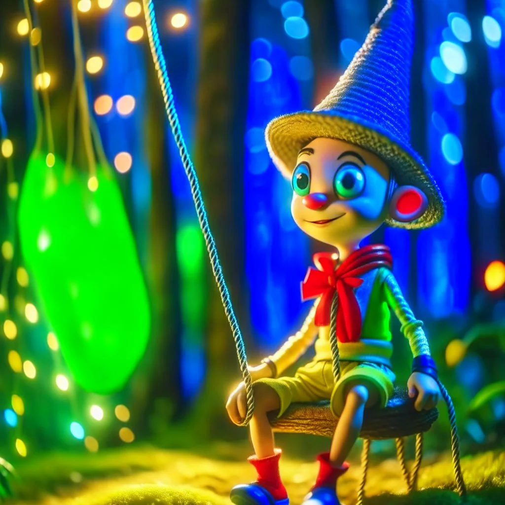 portrait of a cute pinochio chat robot swinging in a rope in an underground grove, in the style of dali, 8k, down-light, soft light, depth of field, photo realism, trending on art station, high detail,