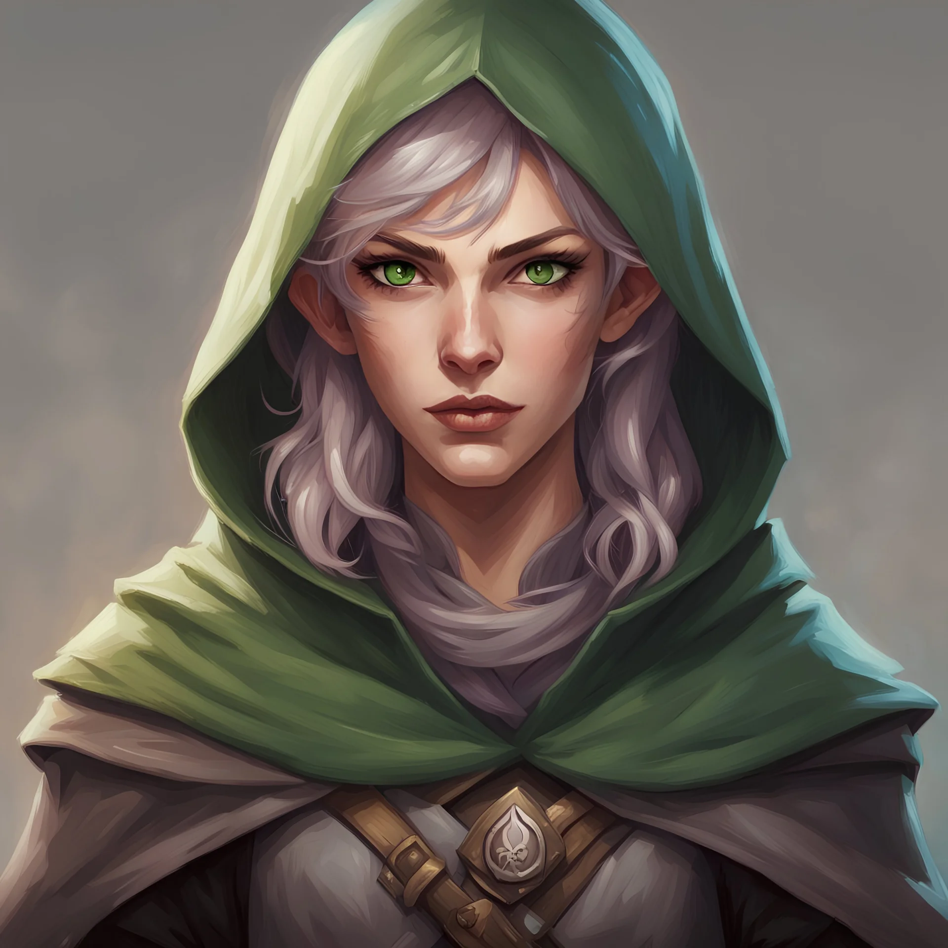 dungeons and dragons; portrait; solid background; half elf; female; thief; cloak; mischief; ash colored hair; green eyes