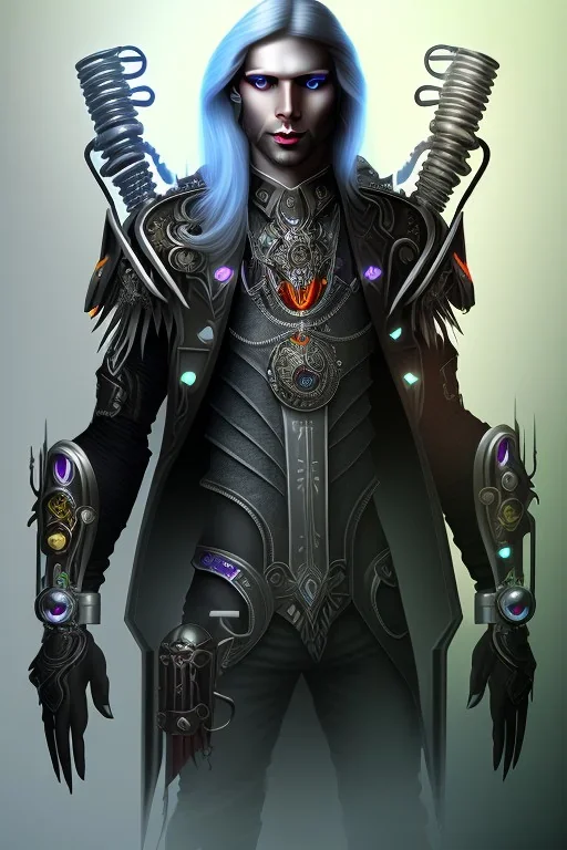 portrait of a dark male dark elf with long white hair, haunting eyes, and wearing a steampunk exoskeleton powered by gears, in fantasy style