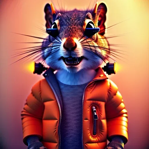 Squirrel toddler, smile, steampunk headphone, sunglass, gangsta neckless, full body, orange puffer jacket, tokio background, dramatic lighting, hyper realistic, unreal engine 5, 16k