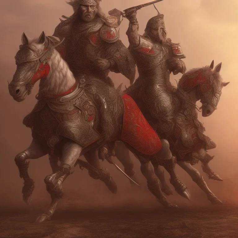 Nomad cavalry inline attacking. Horses. Damascus steel. Red. Sharp details. Roar.