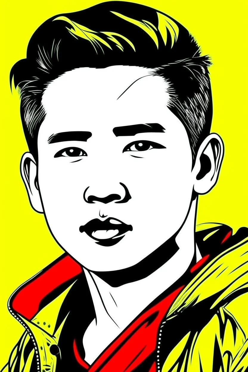 Dibujo de un hombre asiático cartoom arte pop, colores amarillo, blanco, rojo y negro